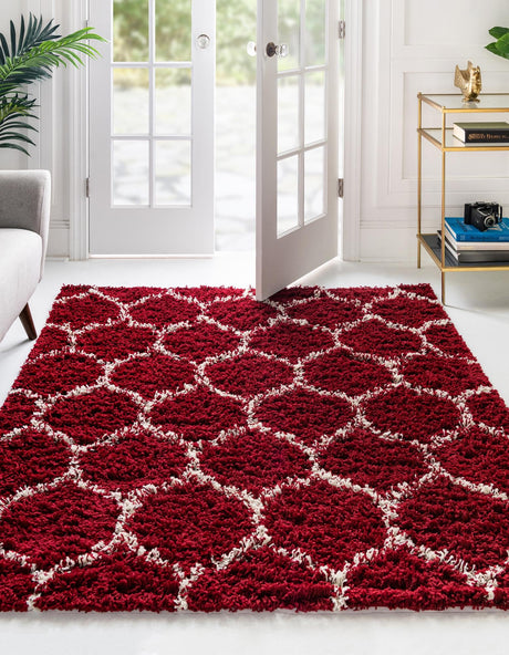 Burgundy Red 6' x 6' Trellis Shag Square Area Rug Thick Soft Touch Fluffy & Plush Shaggy Pile
