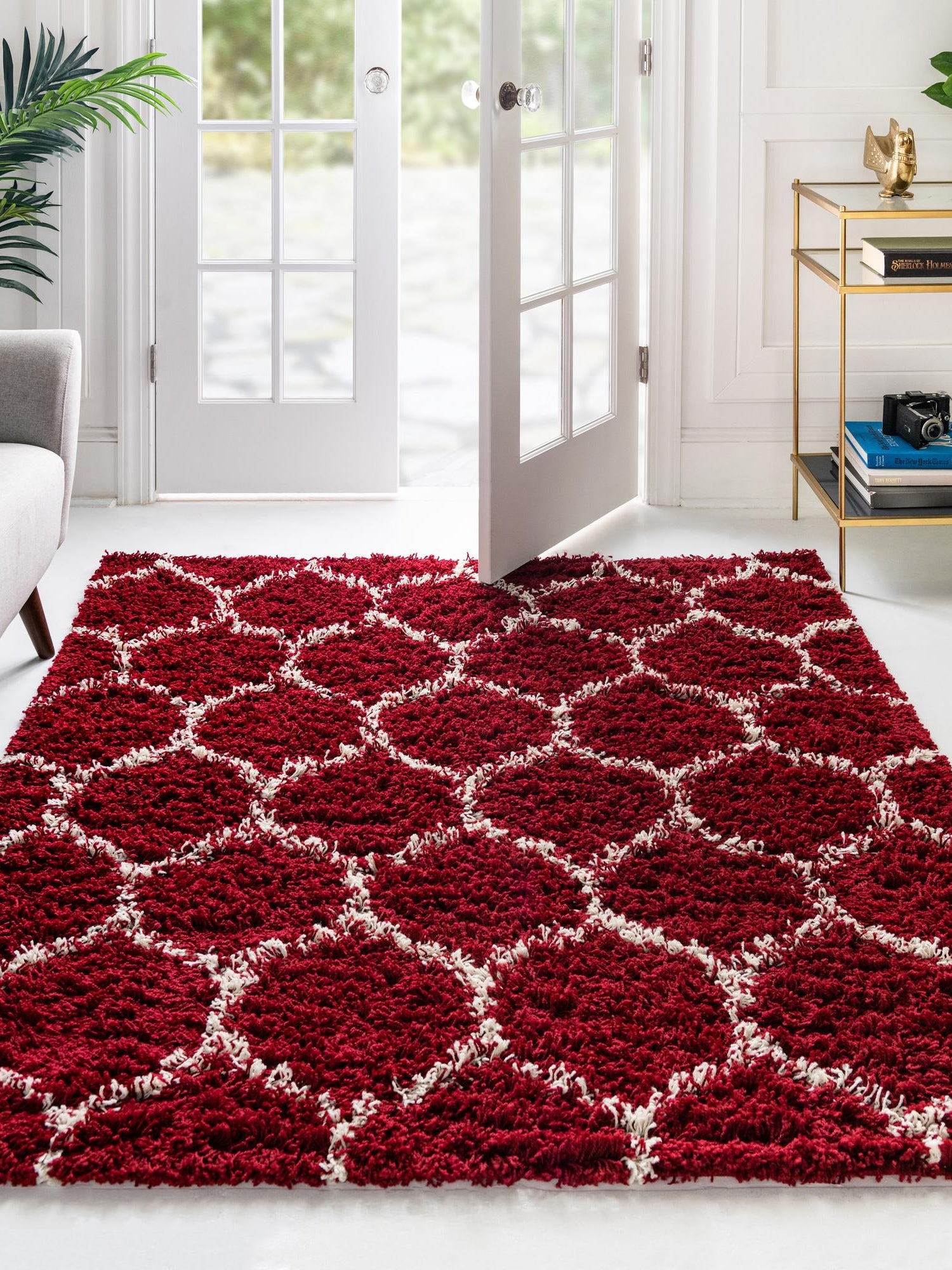 Burgundy Red 4' x 4' Trellis Shag Square Area Rug Thick Soft Touch Fluffy & Plush Shaggy Pile Geometric Modern Unique Carpet for Home Interior Design for Sale at Rug Engine