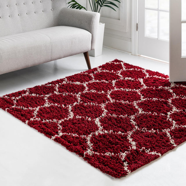 Burgundy Red 7' 10 x 7' 10 Trellis Shag Square Area Rug Thick Soft Touch Fluffy & Plush Shaggy Pile