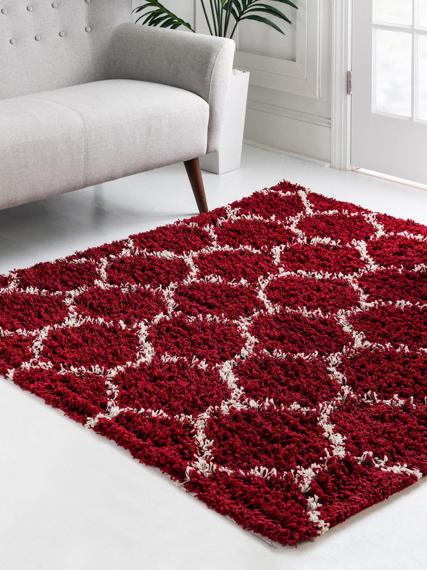 Burgundy Red 4' x 4' Trellis Shag Square Area Rug Thick Soft Touch Fluffy & Plush Shaggy Pile Geometric Modern Unique Carpet for Home Interior Design for Sale at Rug Engine
