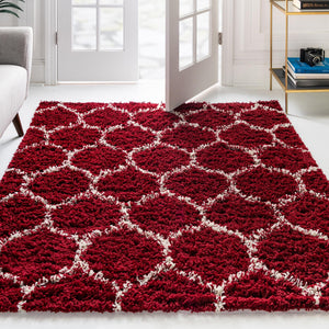 Burgundy Red 7' 10 x 7' 10 Trellis Shag Square Area Rug Thick Soft Touch Fluffy & Plush Shaggy Pile