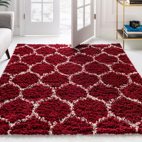 Burgundy Red 7' 10 x 7' 10 Trellis Shag Square Area Rug Thick Soft Touch Fluffy & Plush Shaggy Pile Geometric Modern Unique Carpet for Home Interior Design for Sale at Rug Engine