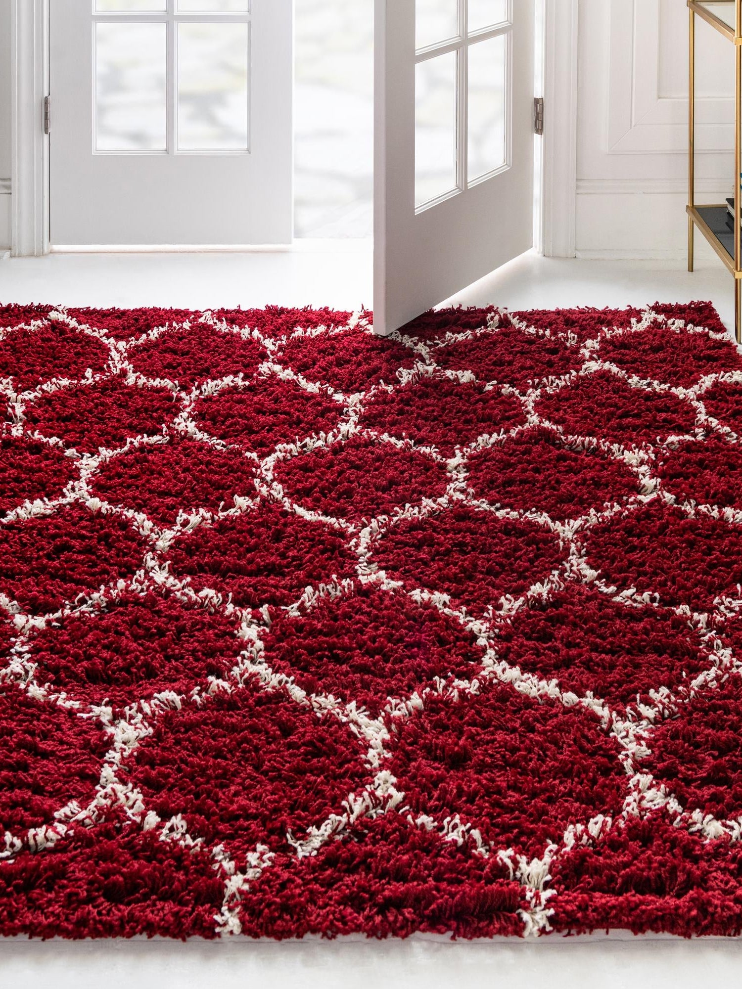 Burgundy Red 4' x 4' Trellis Shag Square Area Rug Thick Soft Touch Fluffy & Plush Shaggy Pile Geometric Modern Unique Carpet for Home Interior Design for Sale at Rug Engine