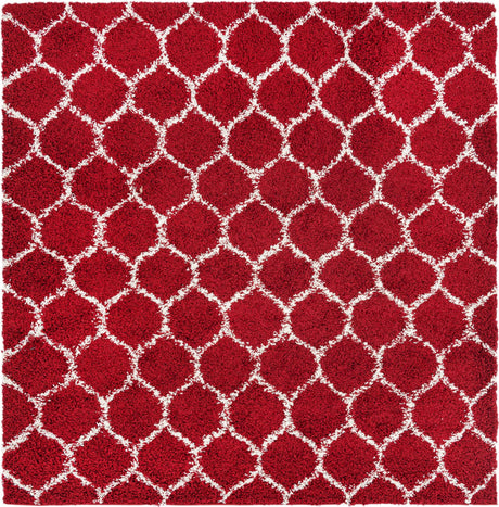 Burgundy Red 7' 10 x 7' 10 Trellis Shag Square Area Rug Thick Soft Touch Fluffy & Plush Shaggy Pile Geometric Modern Unique Carpet for Home Interior Design for Sale at Rug Engine