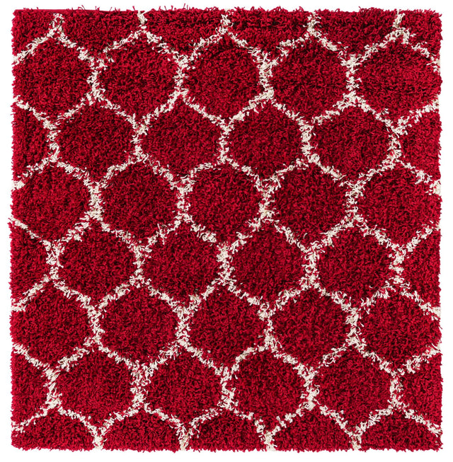 Burgundy Red 4' x 4' Trellis Shag Square Area Rug Thick Soft Touch Fluffy & Plush Shaggy Pile