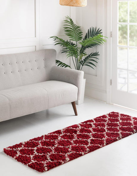 Burgundy Red 2' x 5' Trellis Shag Runner Area Rug Thick Soft Touch Fluffy & Plush Shaggy Pile