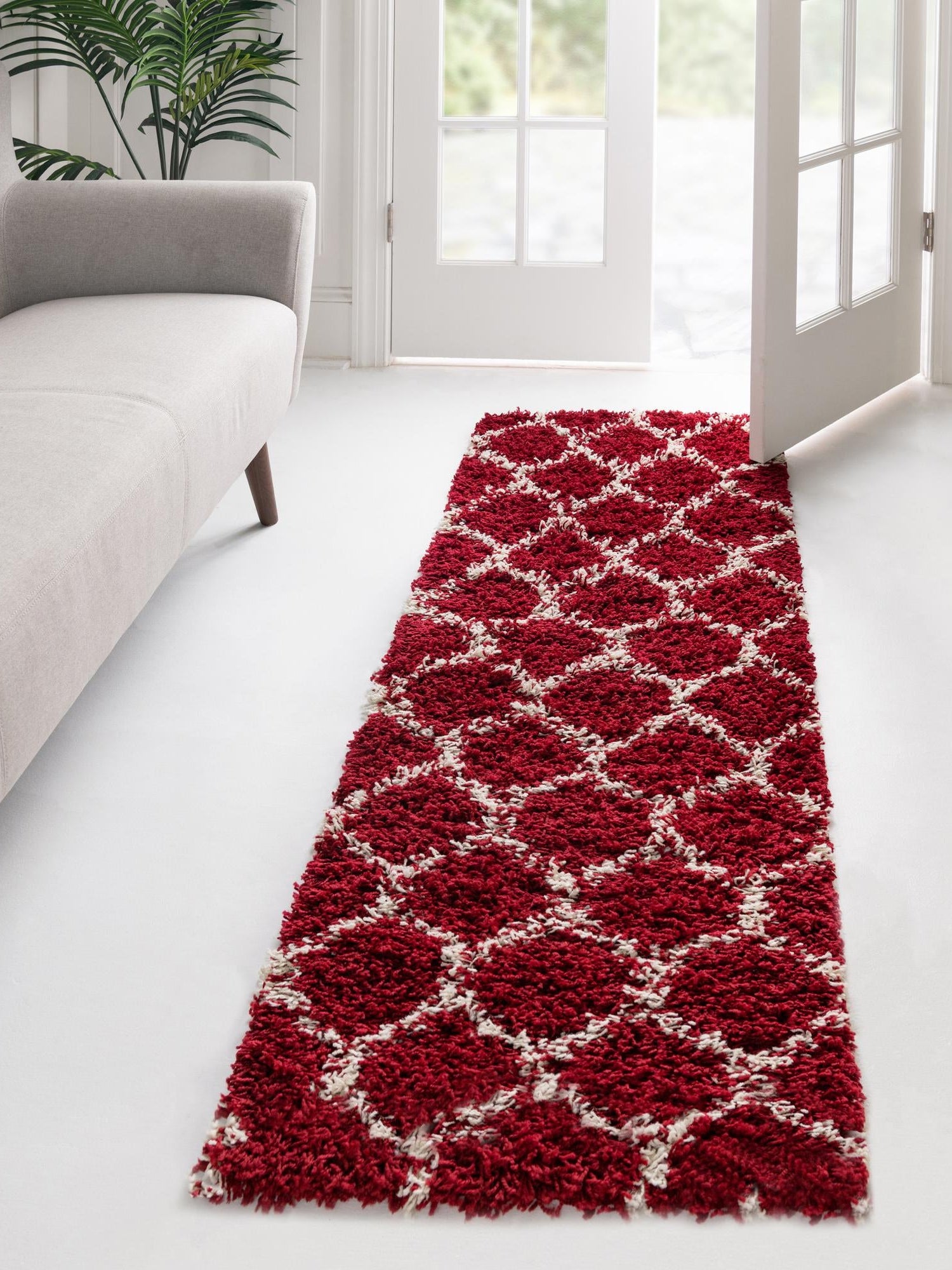 Burgundy Red 3' 3 x 16' 5 Trellis Shag Runner Area Rug Thick Soft Touch Fluffy & Plush Shaggy Pile Geometric Modern Unique Carpet for Home Interior Design for Sale at Rug Engine
