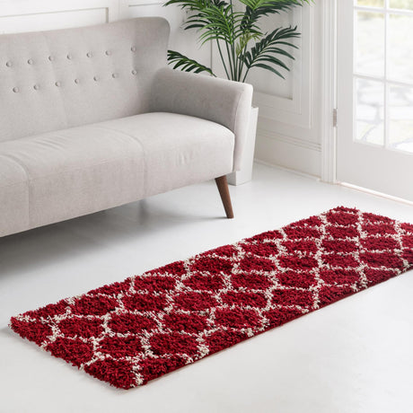 Burgundy Red 2' 7 x 10' Trellis Shag Runner Area Rug Thick Soft Touch Fluffy & Plush Shaggy Pile Geometric Modern Unique Carpet for Home Interior Design for Sale at Rug Engine