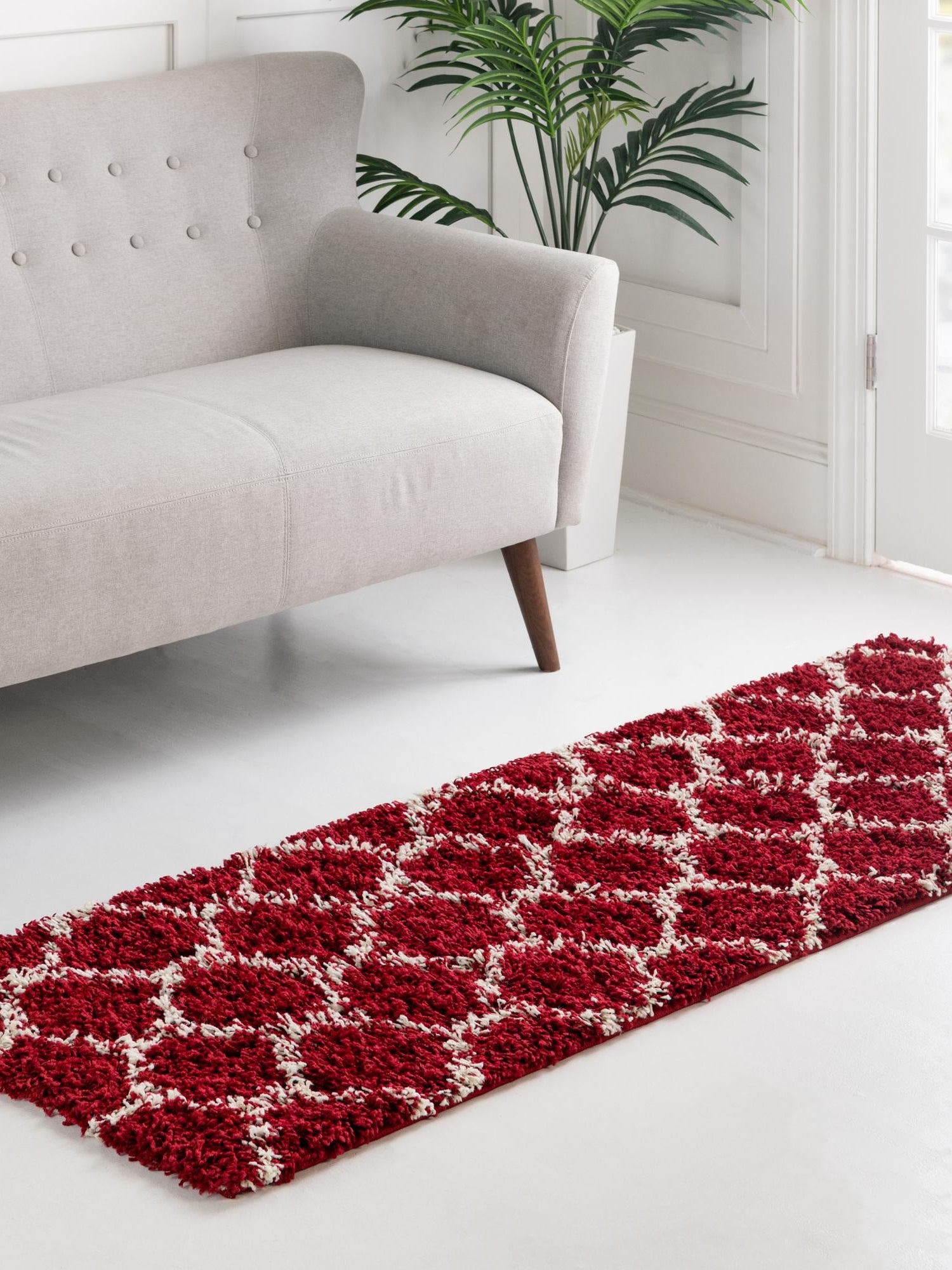 Burgundy Red 2' 7 x 12' Trellis Shag Runner Area Rug Thick Soft Touch Fluffy & Plush Shaggy Pile Geometric Modern Unique Carpet for Home Interior Design for Sale at Rug Engine