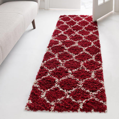 Burgundy Red 2' 7 x 10' Trellis Shag Runner Area Rug Thick Soft Touch Fluffy & Plush Shaggy Pile Geometric Modern Unique Carpet for Home Interior Design for Sale at Rug Engine