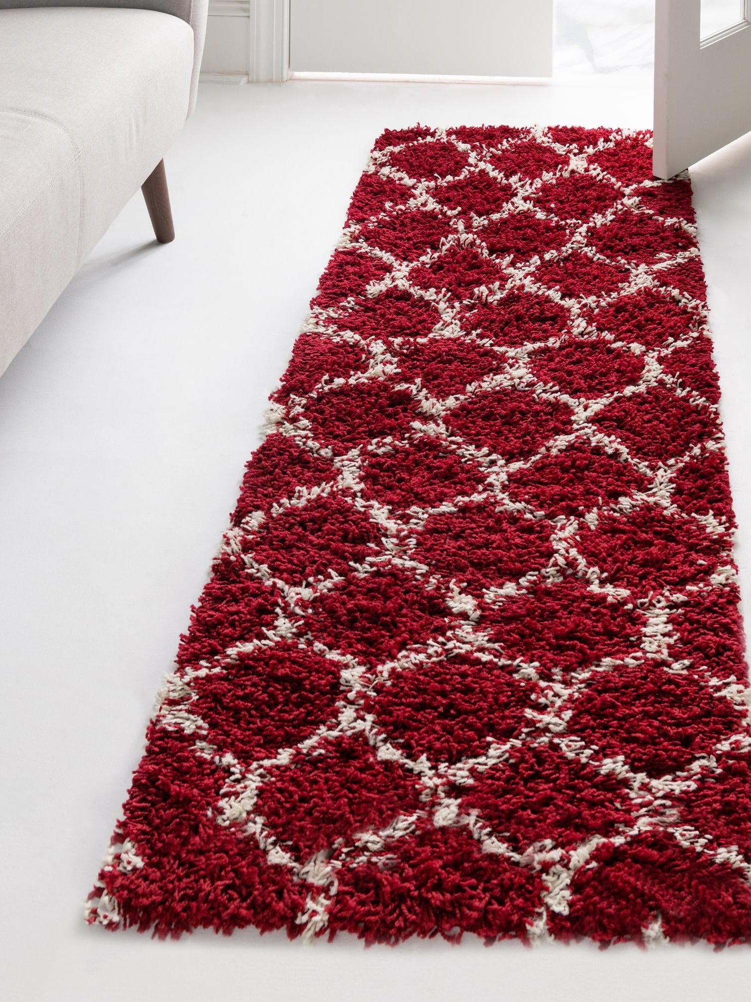 Burgundy Red 2' 7 x 12' Trellis Shag Runner Area Rug Thick Soft Touch Fluffy & Plush Shaggy Pile Geometric Modern Unique Carpet for Home Interior Design for Sale at Rug Engine