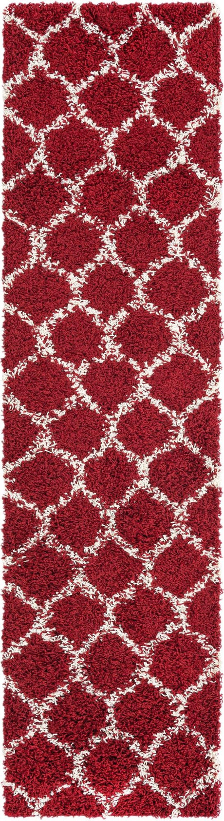 Burgundy Red 2' x 8' Trellis Shag Runner Area Rug Thick Soft Touch Fluffy & Plush Shaggy Pile Geometric Modern Unique Carpet for Home Interior Design for Sale at Rug Engine