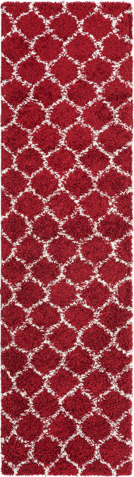 Burgundy Red 2' 7 x 10' Trellis Shag Runner Area Rug Thick Soft Touch Fluffy & Plush Shaggy Pile Geometric Modern Unique Carpet for Home Interior Design for Sale at Rug Engine