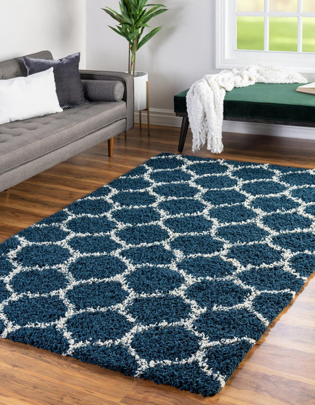 Navy Blue 6' x 9' Trellis Shag Rectangle Area Rug Thick Soft Touch Fluffy & Plush Shaggy Pile