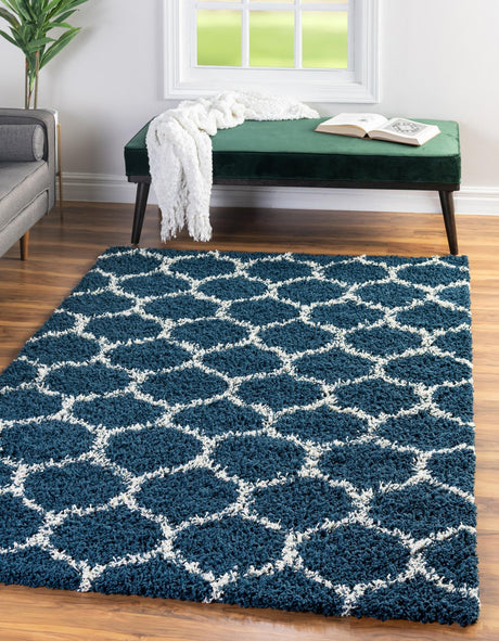 Navy Blue 6' x 9' Trellis Shag Rectangle Area Rug Thick Soft Touch Fluffy & Plush Shaggy Pile