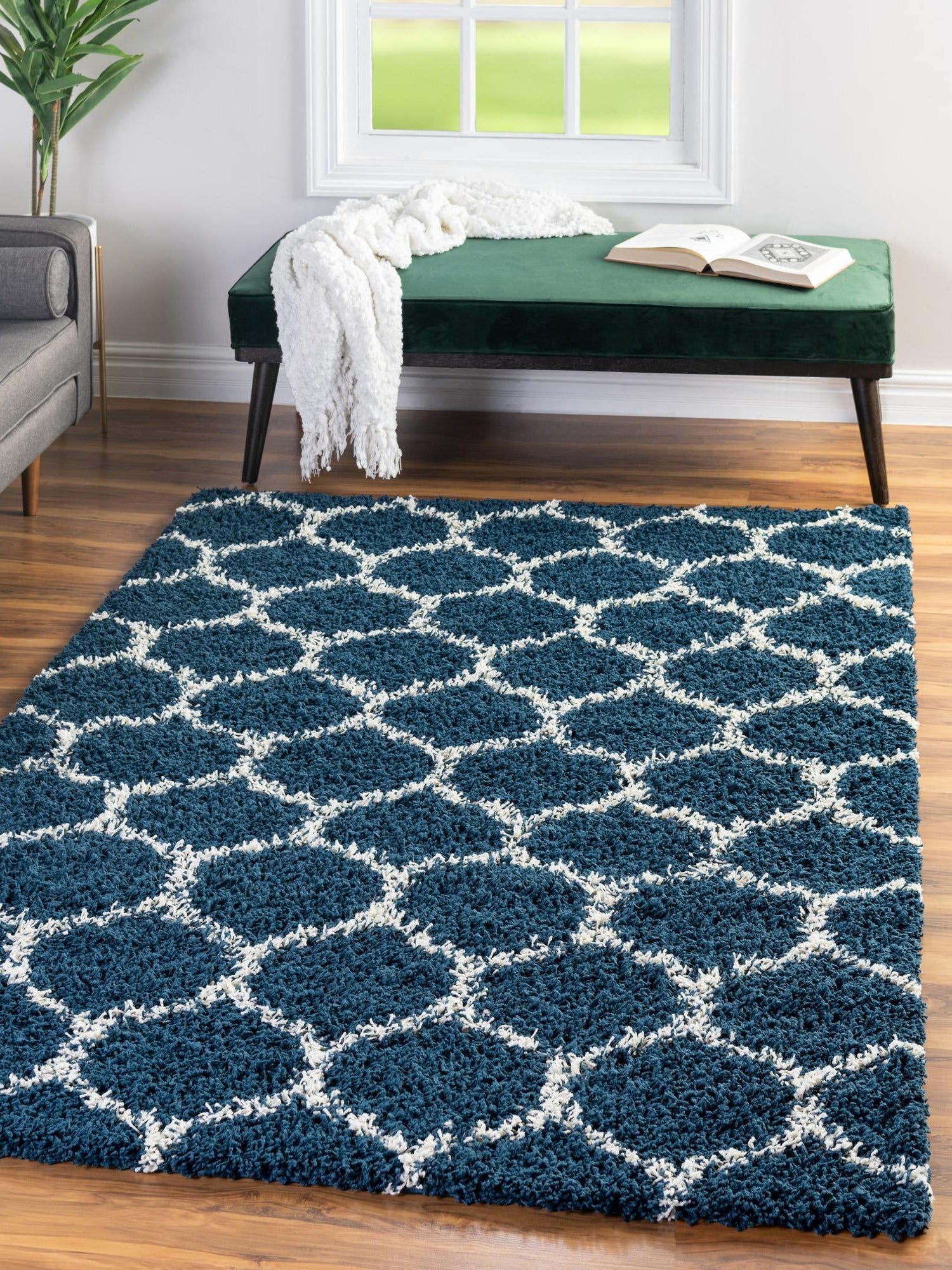 Navy Blue 10' x 13' Trellis Shag Rectangle Area Rug Thick Soft Touch Fluffy & Plush Shaggy Pile Geometric Modern Unique Carpet for Home Interior Design for Sale at Rug Engine