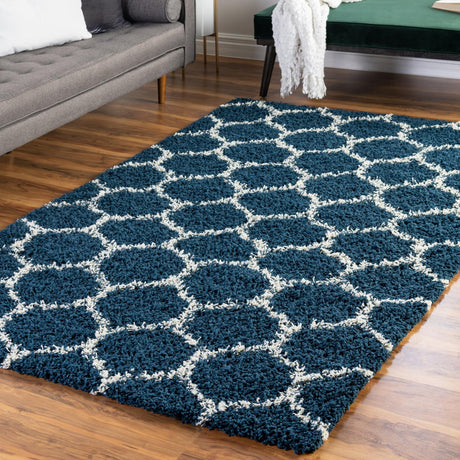 Navy Blue 4' x 6' Trellis Shag Rectangle Area Rug Thick Soft Touch Fluffy & Plush Shaggy Pile Geometric Modern Unique Carpet for Home Interior Design for Sale at Rug Engine