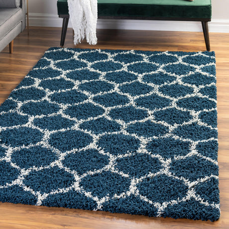 Navy Blue 4' x 6' Trellis Shag Rectangle Area Rug Thick Soft Touch Fluffy & Plush Shaggy Pile Geometric Modern Unique Carpet for Home Interior Design for Sale at Rug Engine