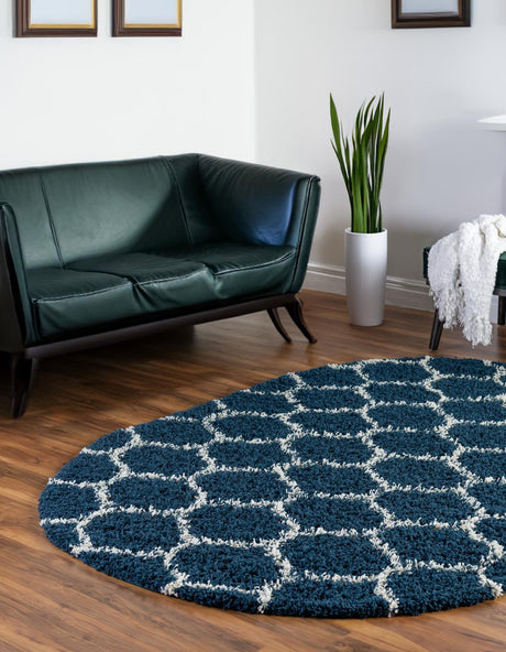 Navy Blue 7' 10 x 10' Trellis Shag Oval Area Rug Thick Soft Touch Fluffy & Plush Shaggy Pile