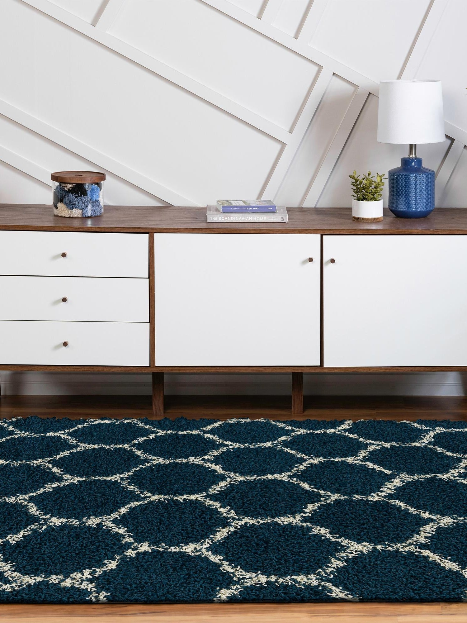 Navy Blue 7' 10 x 10' Trellis Shag Oval Area Rug Thick Soft Touch Fluffy & Plush Shaggy Pile Geometric Modern Unique Carpet for Home Interior Design for Sale at Rug Engine