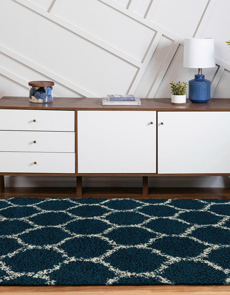 Navy Blue 7' 10 x 10' Trellis Shag Oval Area Rug Thick Soft Touch Fluffy & Plush Shaggy Pile