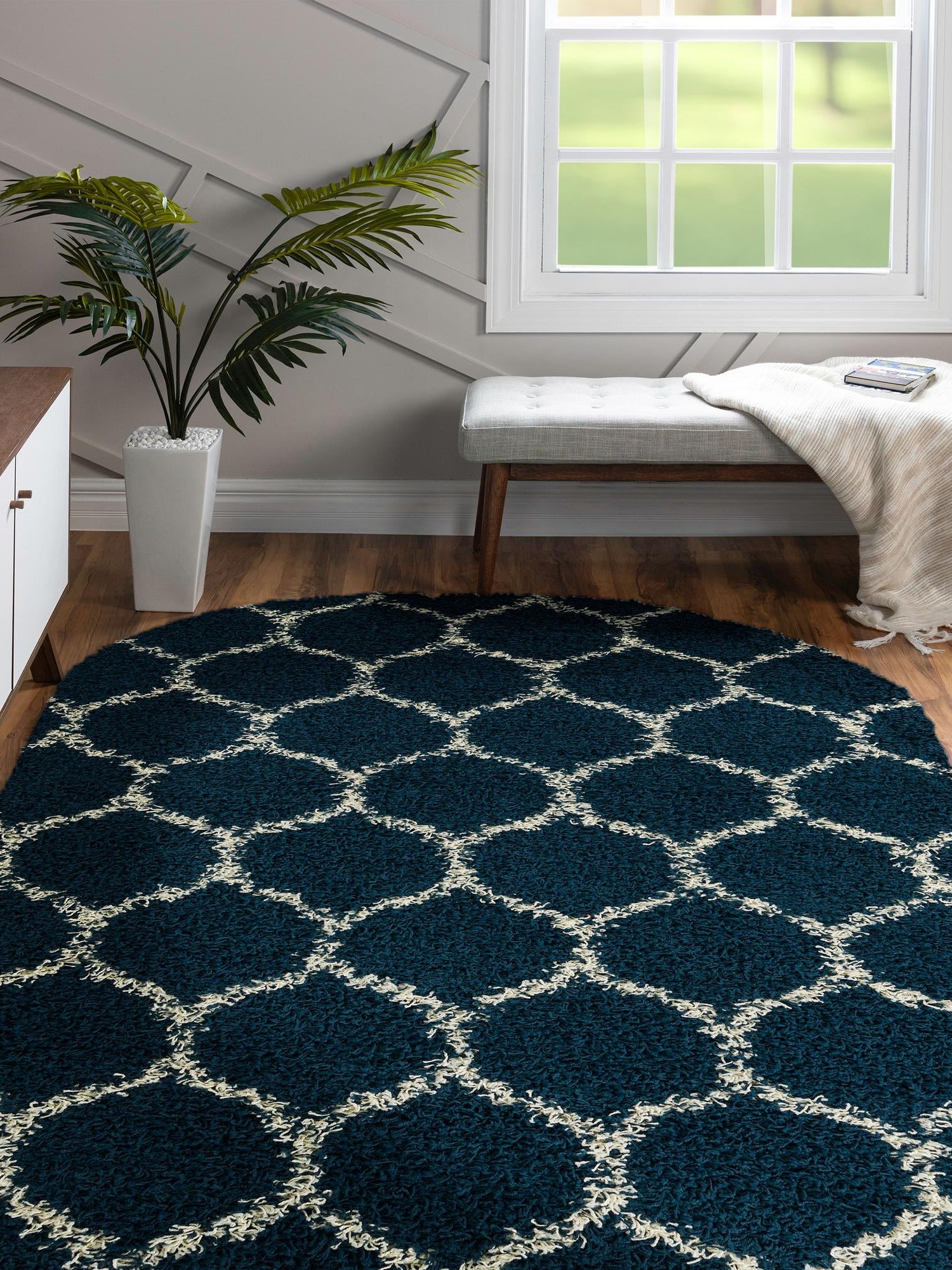 Navy Blue 4' x 6' Trellis Shag Oval Area Rug Thick Soft Touch Fluffy & Plush Shaggy Pile Geometric Modern Unique Carpet for Home Interior Design for Sale at Rug Engine