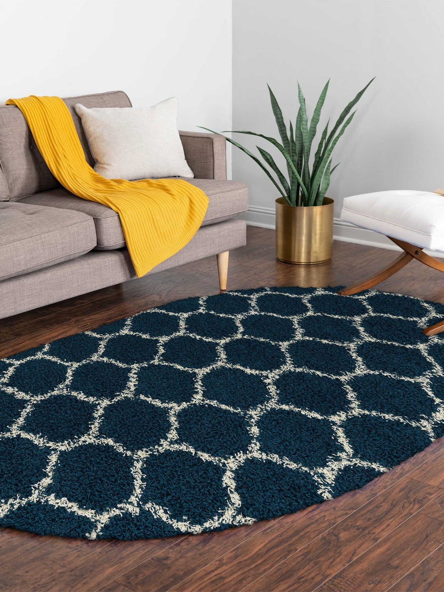 Navy Blue 4' x 6' Trellis Shag Oval Area Rug Thick Soft Touch Fluffy & Plush Shaggy Pile Geometric Modern Unique Carpet for Home Interior Design for Sale at Rug Engine