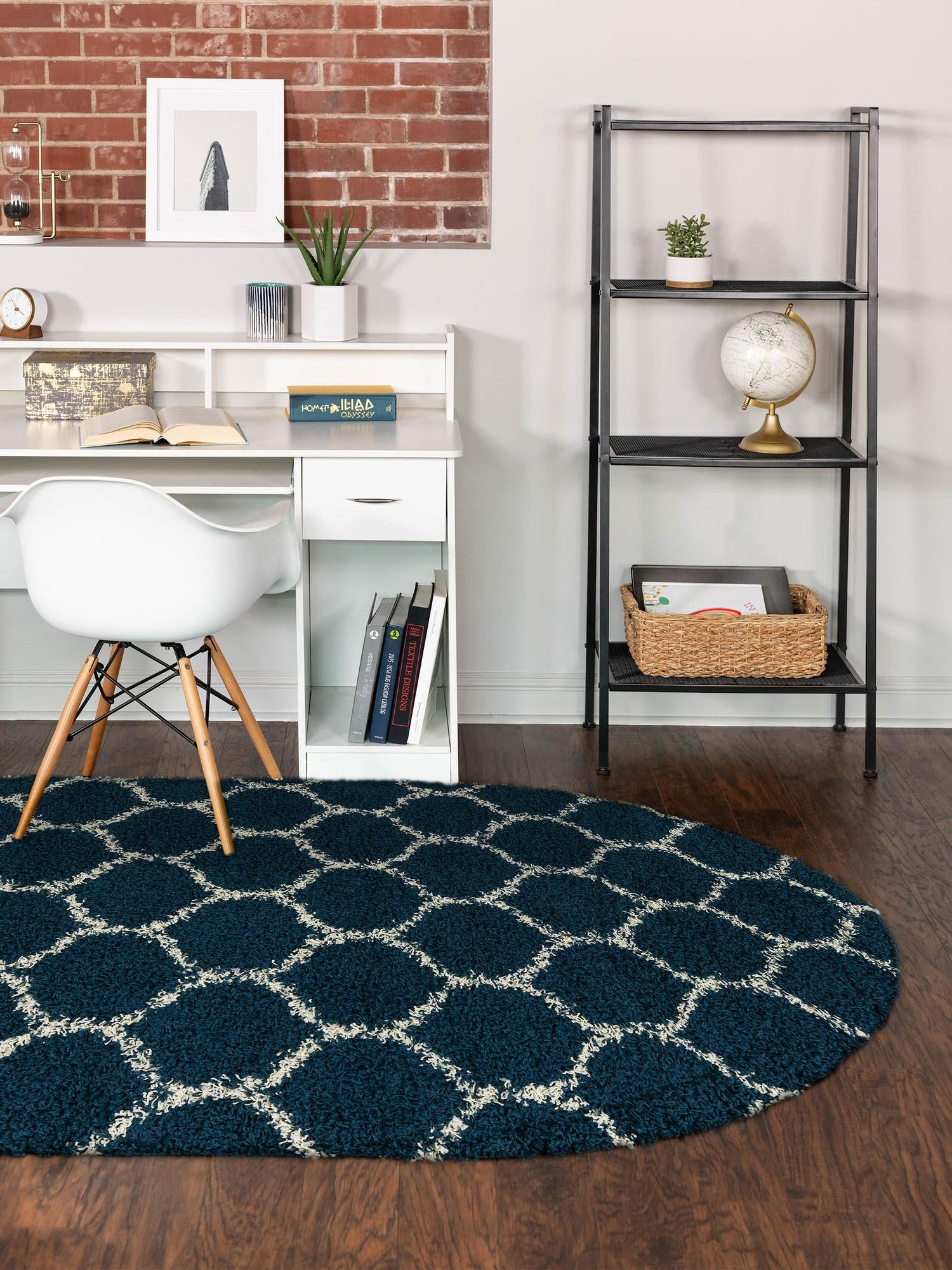 Navy Blue 7' 10 x 10' Trellis Shag Oval Area Rug Thick Soft Touch Fluffy & Plush Shaggy Pile Geometric Modern Unique Carpet for Home Interior Design for Sale at Rug Engine