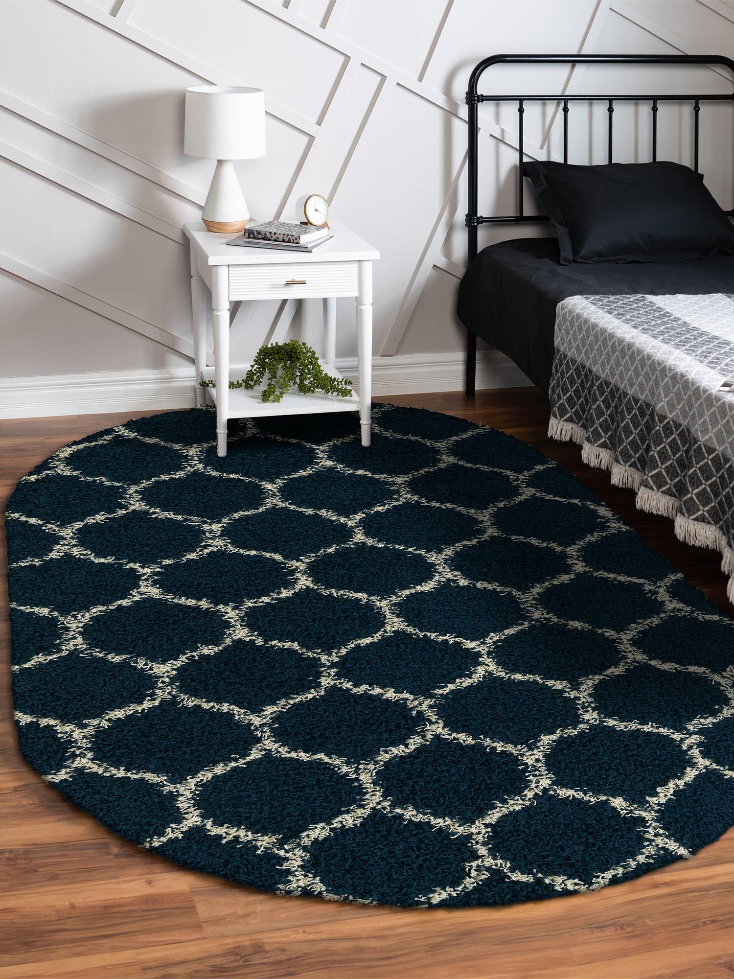 Navy Blue 7' 10 x 10' Trellis Shag Oval Area Rug Thick Soft Touch Fluffy & Plush Shaggy Pile Geometric Modern Unique Carpet for Home Interior Design for Sale at Rug Engine