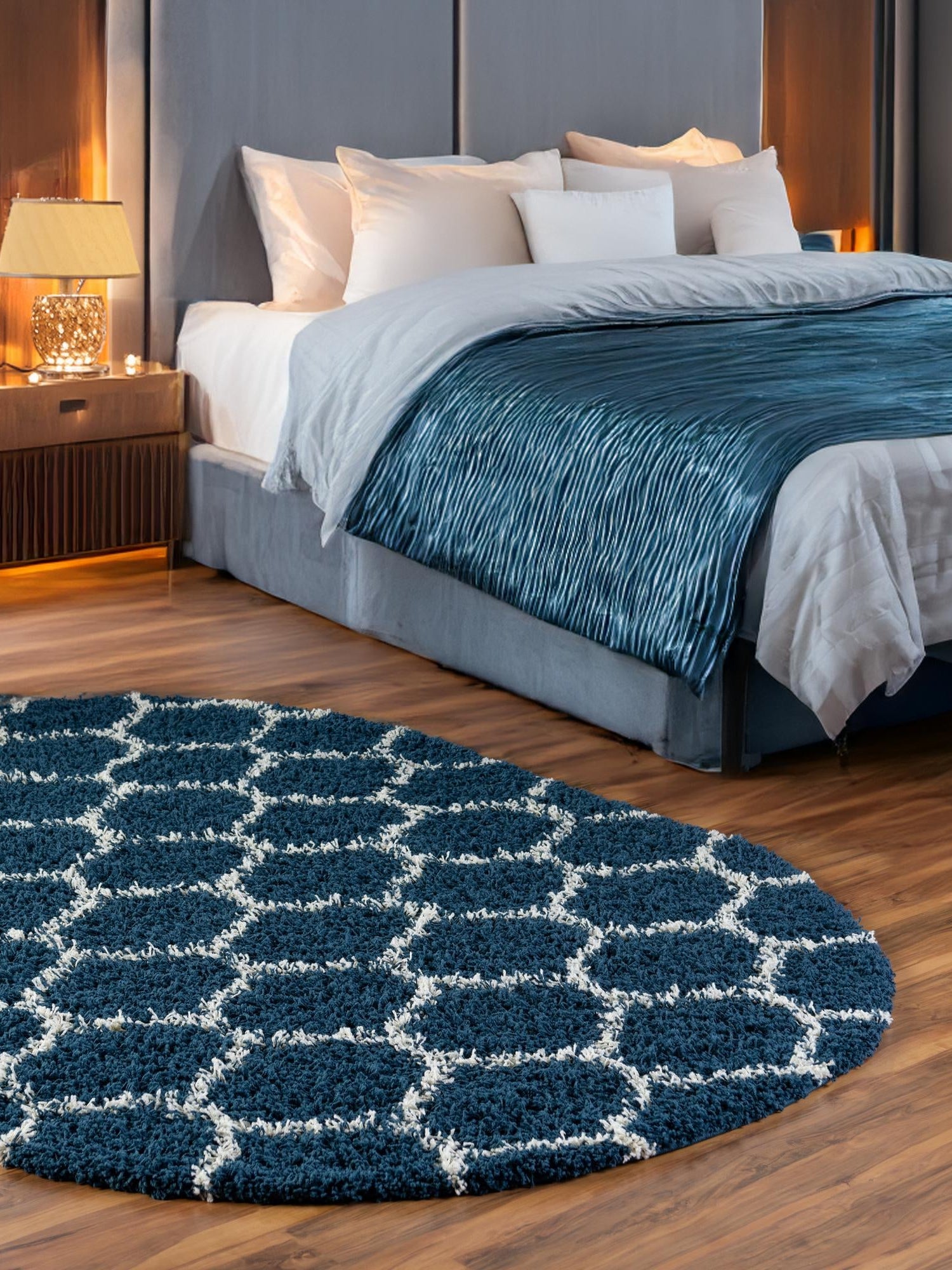 Navy Blue 7' 10 x 10' Trellis Shag Oval Area Rug Thick Soft Touch Fluffy & Plush Shaggy Pile Geometric Modern Unique Carpet for Home Interior Design for Sale at Rug Engine