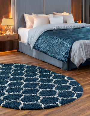 Navy Blue 7' 10 x 10' Trellis Shag Oval Area Rug Thick Soft Touch Fluffy & Plush Shaggy Pile
