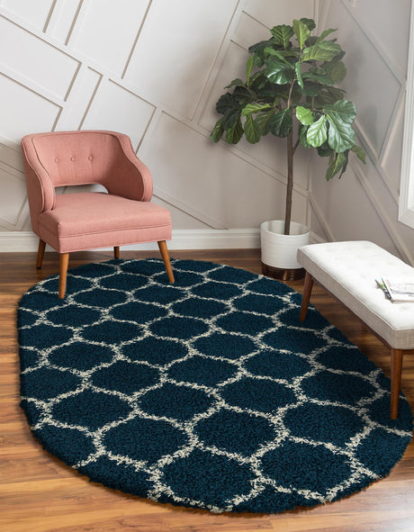 Navy Blue 5' 3 x 8' Trellis Shag Oval Area Rug Thick Soft Touch Fluffy & Plush Shaggy Pile Geometric Modern Unique Carpet for Home Interior Design for Sale at Rug Engine