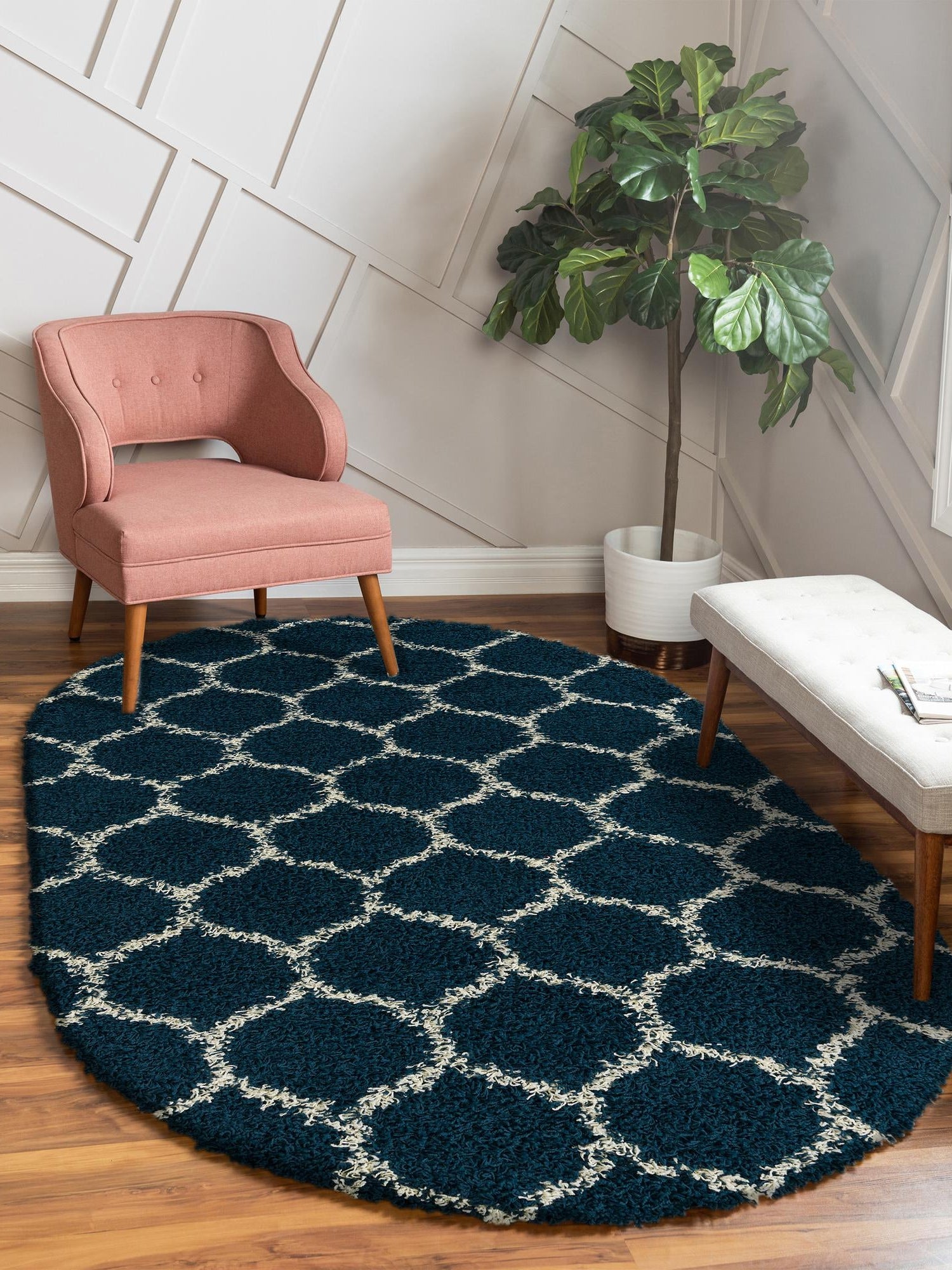 Navy Blue 7' 10 x 10' Trellis Shag Oval Area Rug Thick Soft Touch Fluffy & Plush Shaggy Pile Geometric Modern Unique Carpet for Home Interior Design for Sale at Rug Engine