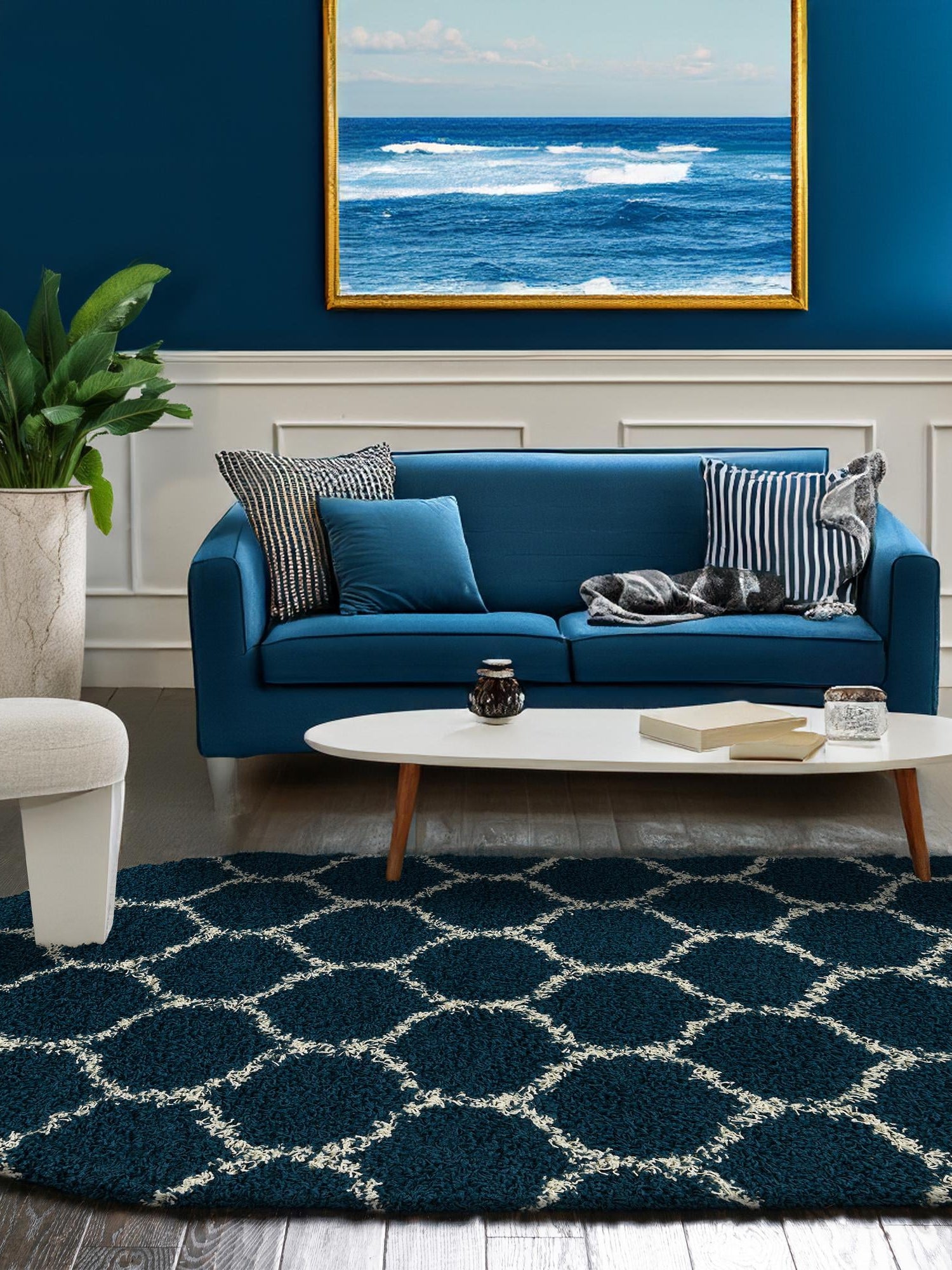 Navy Blue 7' 10 x 10' Trellis Shag Oval Area Rug Thick Soft Touch Fluffy & Plush Shaggy Pile Geometric Modern Unique Carpet for Home Interior Design for Sale at Rug Engine