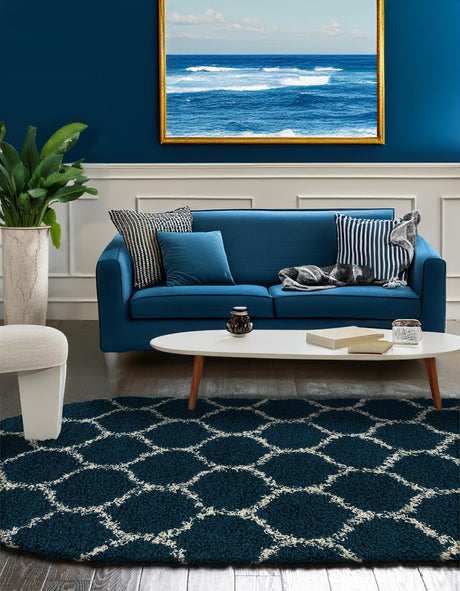 Navy Blue 7' 10 x 10' Trellis Shag Oval Area Rug Thick Soft Touch Fluffy & Plush Shaggy Pile Geometric Modern Unique Carpet for Home Interior Design for Sale at Rug Engine