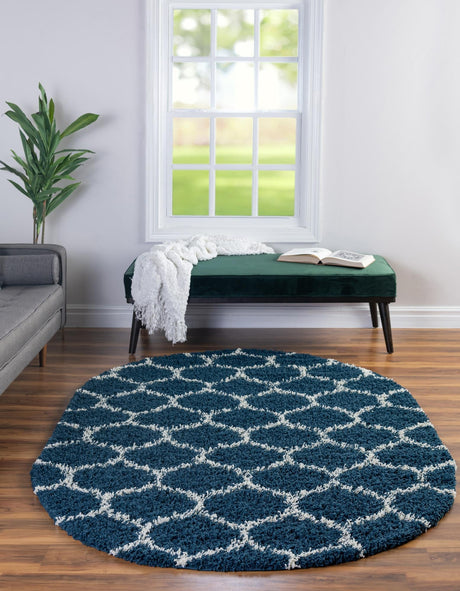 Navy Blue 5' 3 x 8' Trellis Shag Oval Area Rug Thick Soft Touch Fluffy & Plush Shaggy Pile Geometric Modern Unique Carpet for Home Interior Design for Sale at Rug Engine