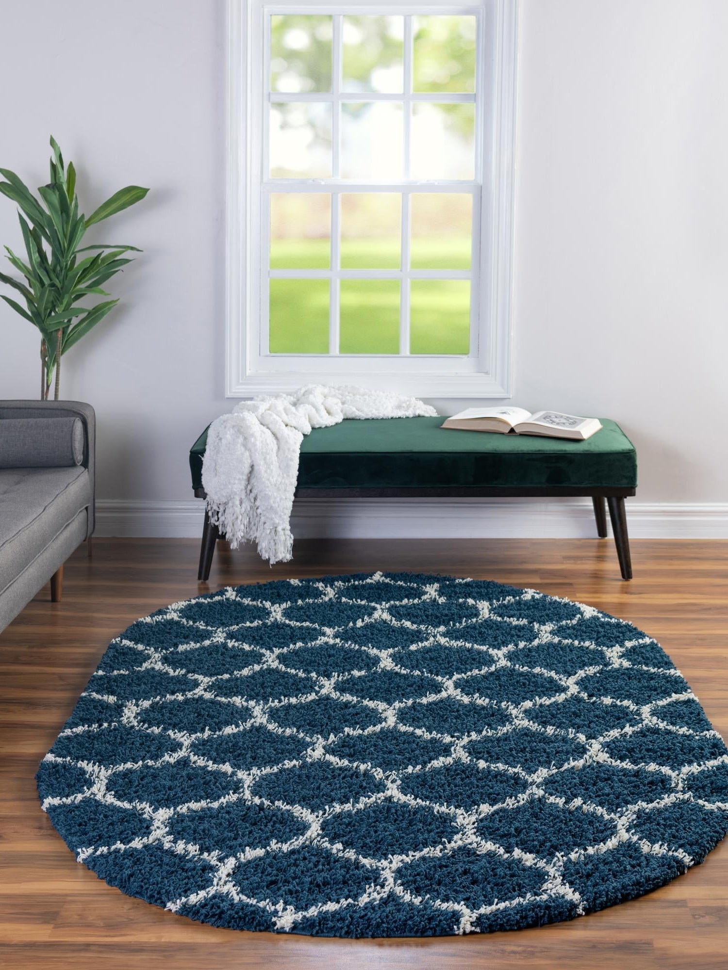 Navy Blue 7' 10 x 10' Trellis Shag Oval Area Rug Thick Soft Touch Fluffy & Plush Shaggy Pile Geometric Modern Unique Carpet for Home Interior Design for Sale at Rug Engine