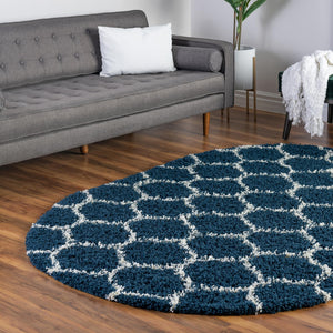 Navy Blue 5' 3 x 8' Trellis Shag Oval Area Rug Thick Soft Touch Fluffy & Plush Shaggy Pile