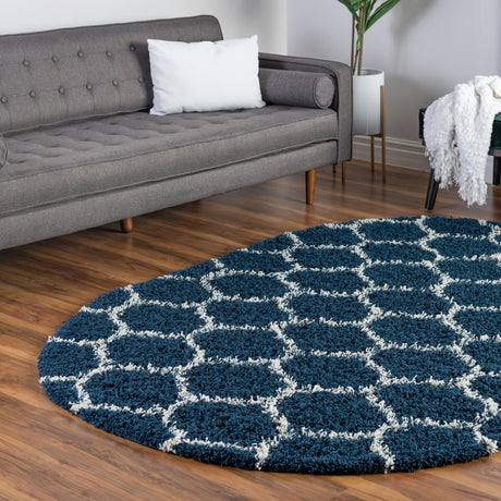 Navy Blue 5' 3 x 8' Trellis Shag Oval Area Rug Thick Soft Touch Fluffy & Plush Shaggy Pile Geometric Modern Unique Carpet for Home Interior Design for Sale at Rug Engine