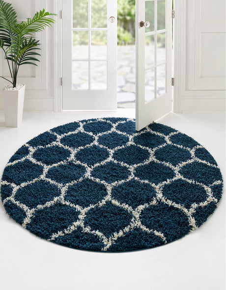 Navy Blue 5' 3 x 5' 3 Trellis Shag Round Area Rug Thick Soft Touch Fluffy & Plush Shaggy Pile
