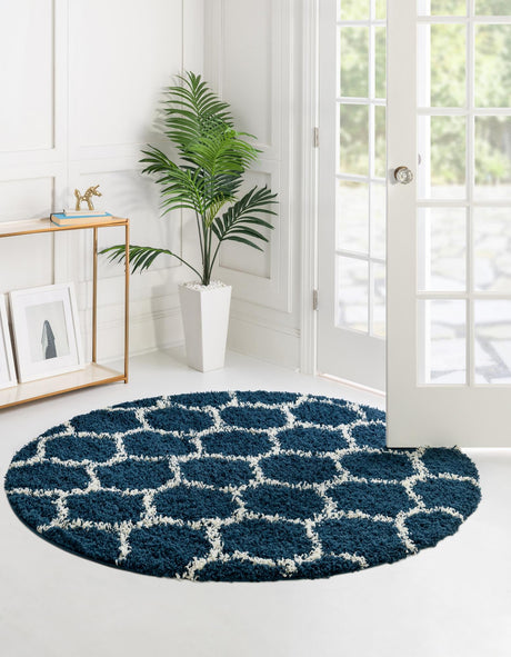Navy Blue 5' 3 x 5' 3 Trellis Shag Round Area Rug Thick Soft Touch Fluffy & Plush Shaggy Pile