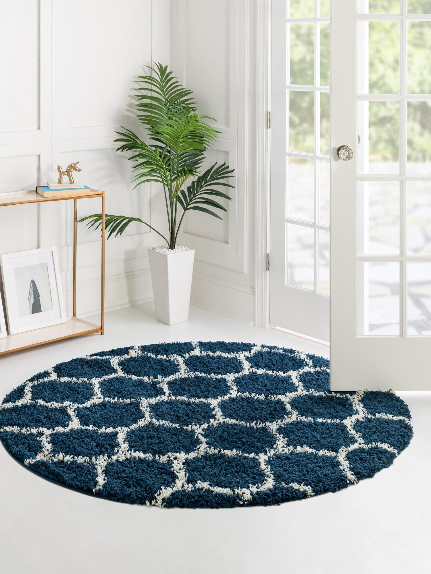 Navy Blue 3' 3 x 3' 3 Trellis Shag Round Area Rug Thick Soft Touch Fluffy & Plush Shaggy Pile Geometric Modern Unique Carpet for Home Interior Design for Sale at Rug Engine