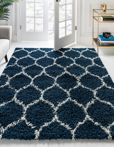 Navy Blue 7' 10 x 7' 10 Trellis Shag Square Area Rug Thick Soft Touch Fluffy & Plush Shaggy Pile