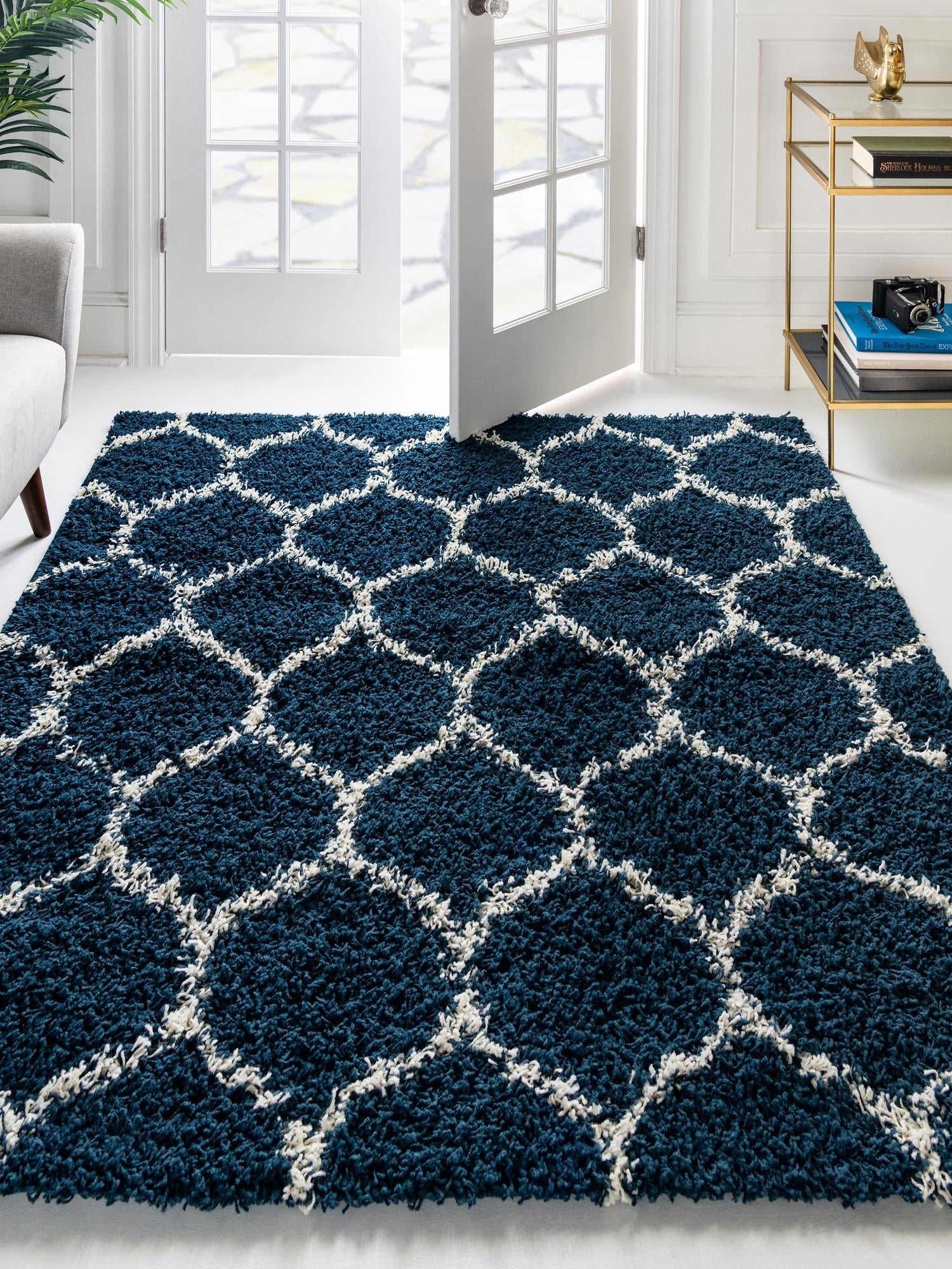 Navy Blue 6' x 6' Trellis Shag Square Area Rug Thick Soft Touch Fluffy & Plush Shaggy Pile Geometric Modern Unique Carpet for Home Interior Design for Sale at Rug Engine