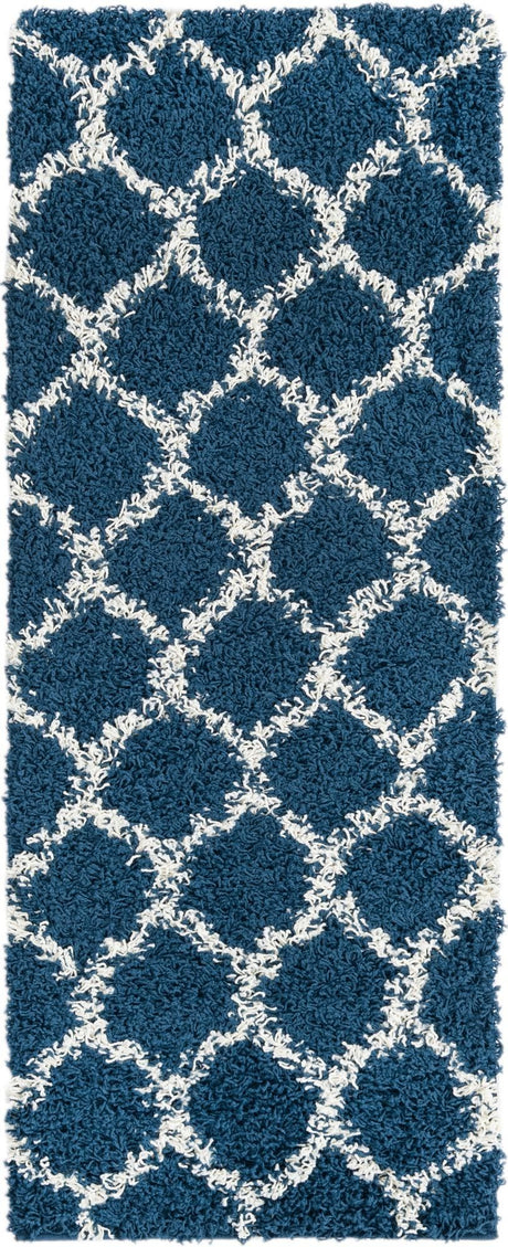 Navy Blue 2' x 5' Trellis Shag Runner Area Rug Thick Soft Touch Fluffy & Plush Shaggy Pile