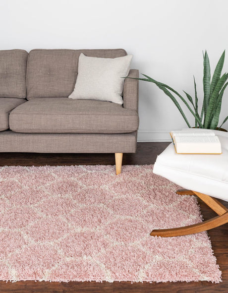 Light Pink 2' x 3' Trellis Shag Rectangle Area Rug Thick Soft Touch Fluffy & Plush Shaggy Pile
