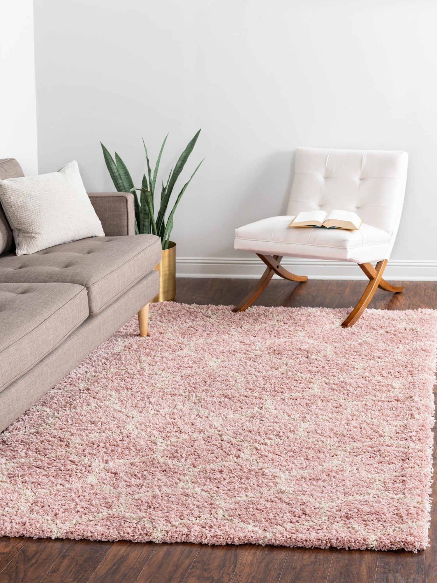 Light Pink 7' 10 x 10' Trellis Shag Rectangle Area Rug Thick Soft Touch Fluffy & Plush Shaggy Pile Geometric Modern Unique Carpet for Home Interior Design for Sale at Rug Engine