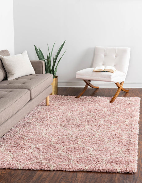 Light Pink 2' x 3' Trellis Shag Rectangle Area Rug Thick Soft Touch Fluffy & Plush Shaggy Pile
