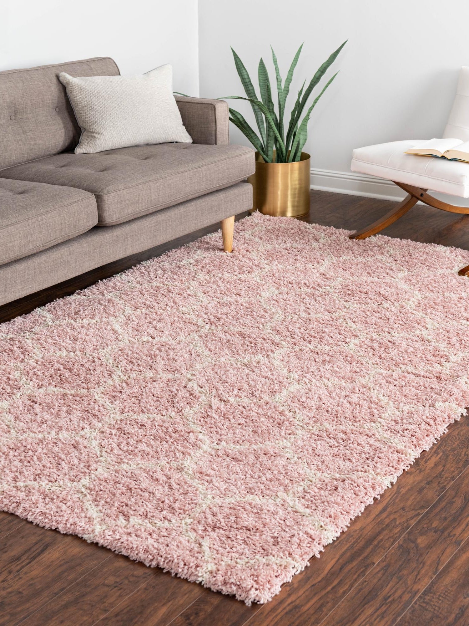 Light Pink 2' x 3' Trellis Shag Rectangle Area Rug Thick Soft Touch Fluffy & Plush Shaggy Pile Geometric Modern Unique Carpet for Home Interior Design for Sale at Rug Engine