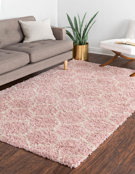 Light Pink 2' x 3' Trellis Shag Rectangle Area Rug Thick Soft Touch Fluffy & Plush Shaggy Pile Geometric Modern Unique Carpet for Home Interior Design for Sale at Rug Engine